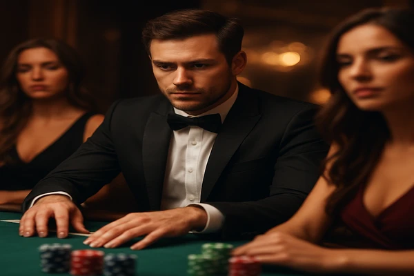 একজন নারী ল্যাপটপে অনলাইন গেম খেলছেন, চারপাশে দীপ্তিমান ক্যাসিনো পরিবেশ ফুটে উঠছে